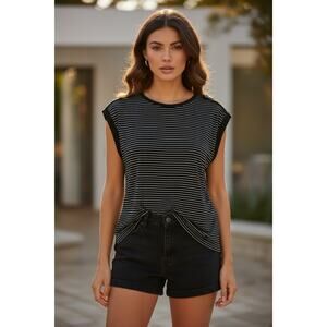 Saint + Sofia Black Silver Stripe Shoulder Button Top Size 6